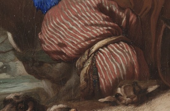 His striped trousers add a dynamic, worldly touch to his journey.