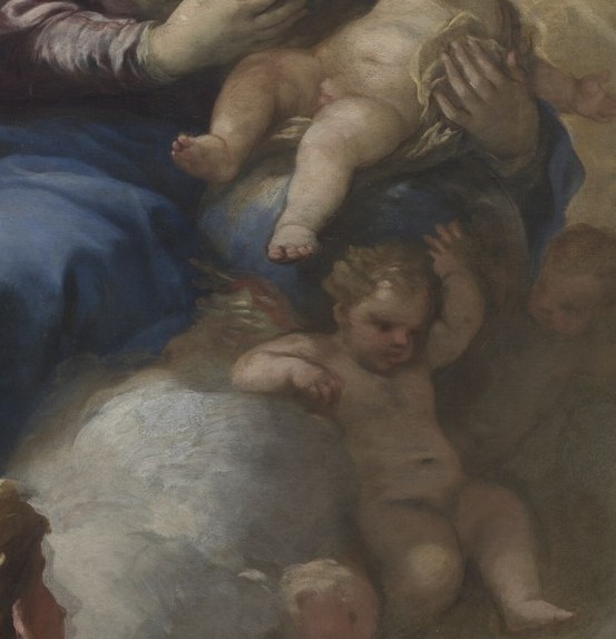 Lively and animated against the still Virgin, the infant's squirming energy contrasts with sacred stillness , Giordano's signature dynamism.
