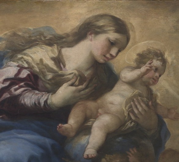 Serenely lit from upper left, her calm expression anchors the entire celestial apparition , the emotional pivot of the composition.
