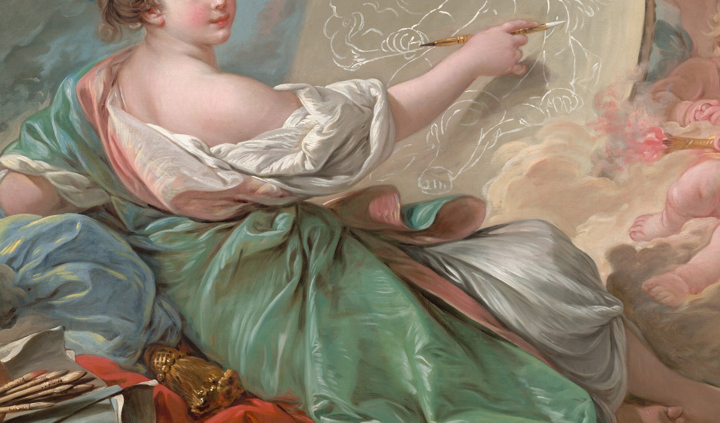 The painter captures the shimmer of silk in her flowing robe.