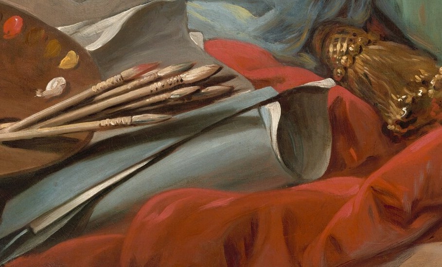 These tools are fundamental to the act of painting, grounding the allegory in the tangible reality of the artist's work.
