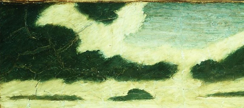 Ryder's characteristically heavy cloud mass dominates and charges the atmosphere; it is where his thick, layered paint is most expressive.