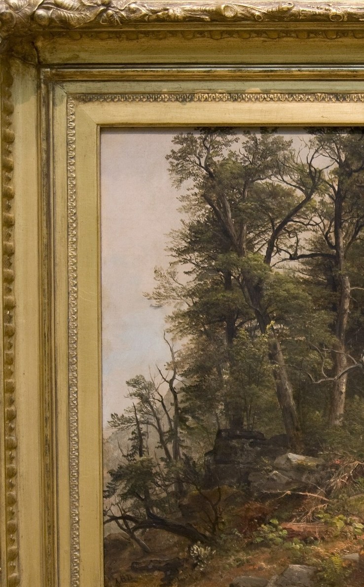 Deep shadow zone that frames the lighter cliff , the contrast engine of the whole scene; reveals layered glazing technique.