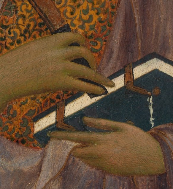 Tempera made with egg yolk anchors the pigment. It has held for seven centuries.