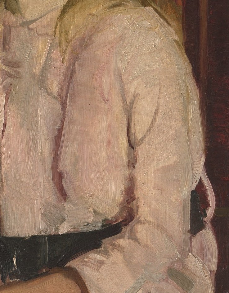 Notice the impasto, thick brushstrokes in her pink dress.