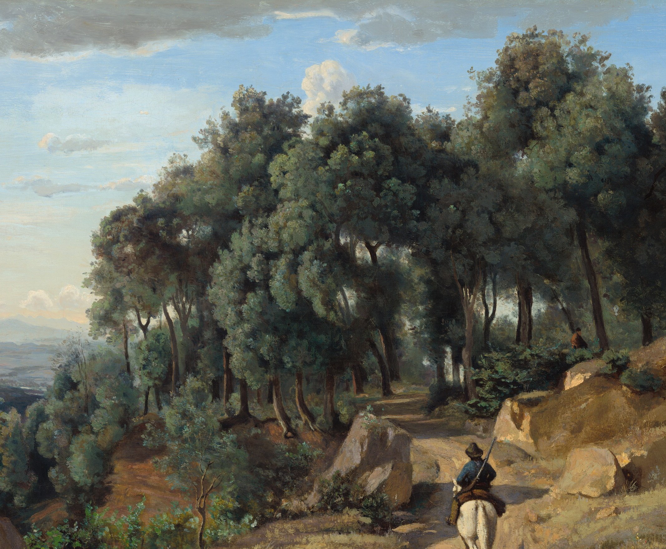 The massed foliage is painted with loose, broken brushwork that anticipates Impressionism; the tonal gradation from near-black interior to silvery edge-light is Corot's signature atmospheric trick