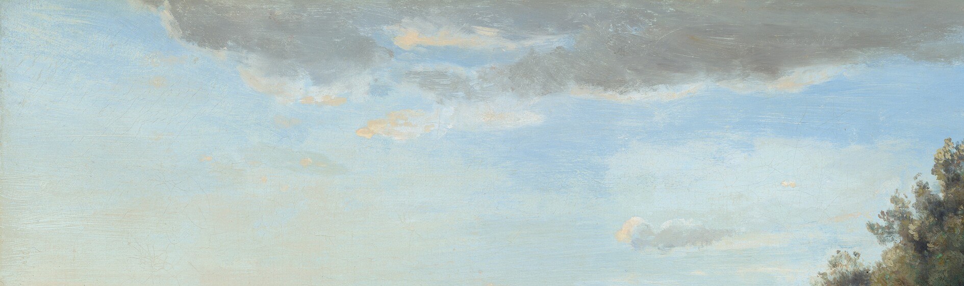 The pale luminous sky graduates subtly from warm white near the horizon to a cooler blue; this is the painting's lightest value and drives the entire tonal structure