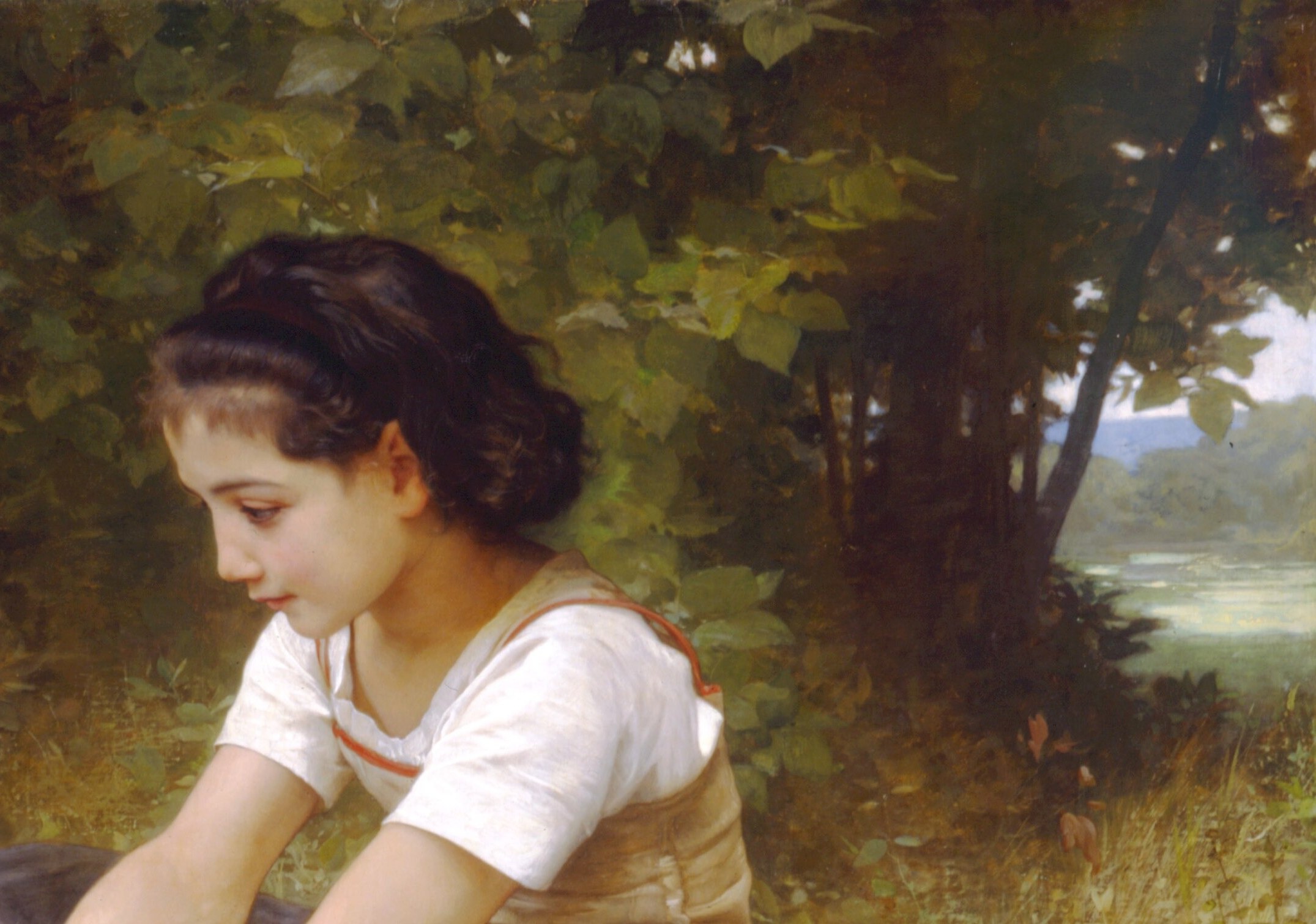 Bouguereau's forest backdrop is loosely painted compared to the figures , a deliberate softness that pushes the girls forward and bathes the scene in dappled shade.