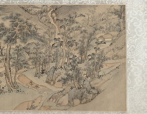 The scroll's darkest tonal passage and most assertive brushwork, layered dots and curved strokes build a canopy that contrasts dramatically with the blank water to its left