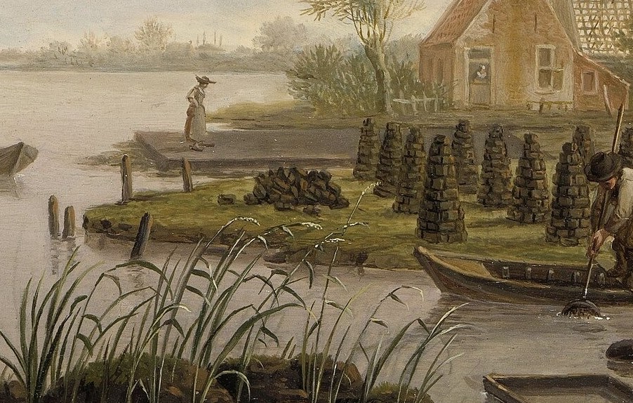 These neatly arranged stacks of peat highlight the agricultural labor and fuel source central to the scene.