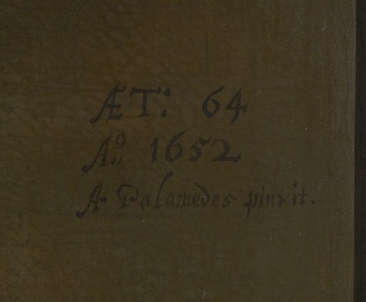 In the shadow, a faint inscription marks the painter's presence.