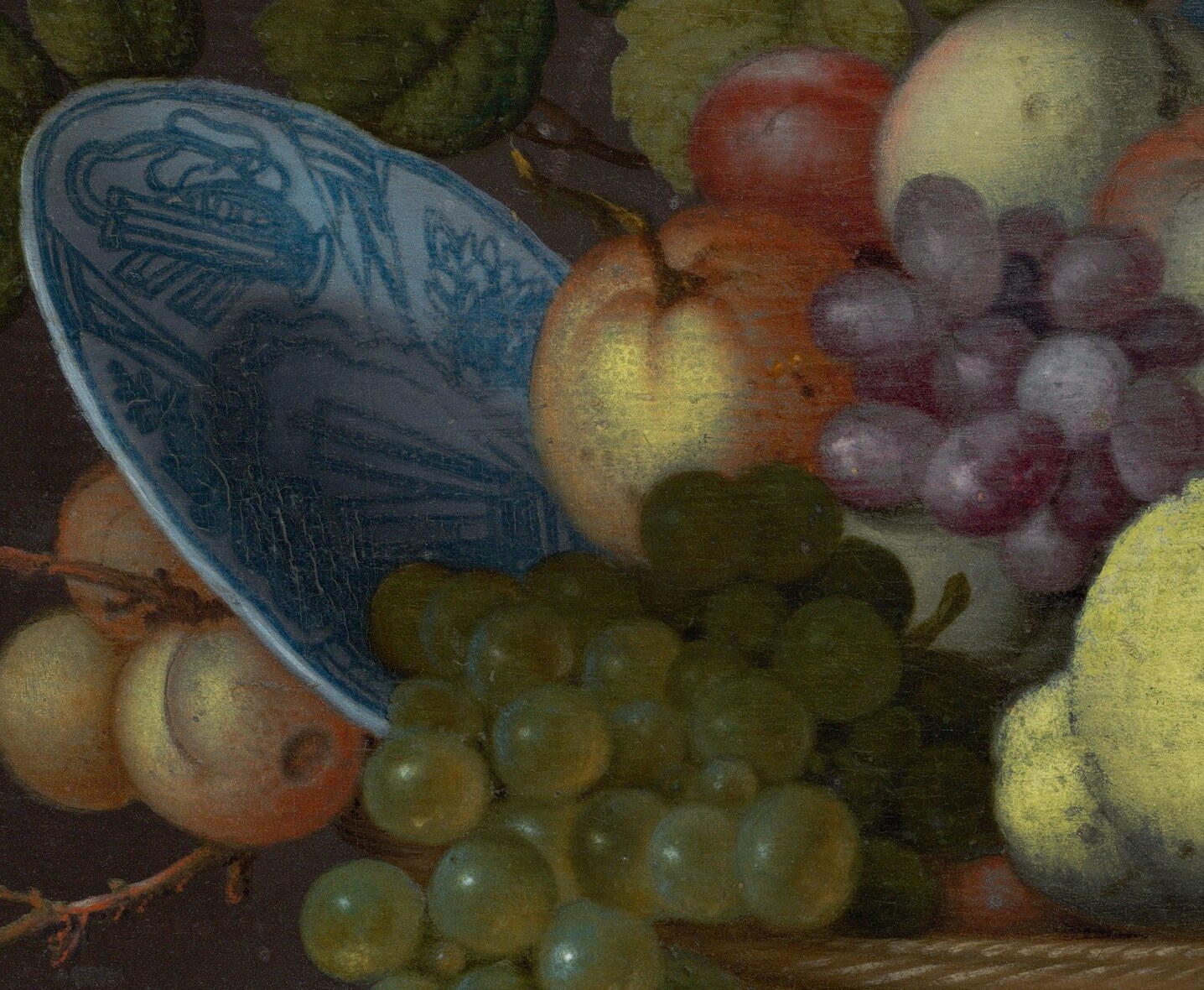 Translucent grapes let van der Ast show light passing through , a virtuoso transparency technique characteristic of Dutch still-life painters.