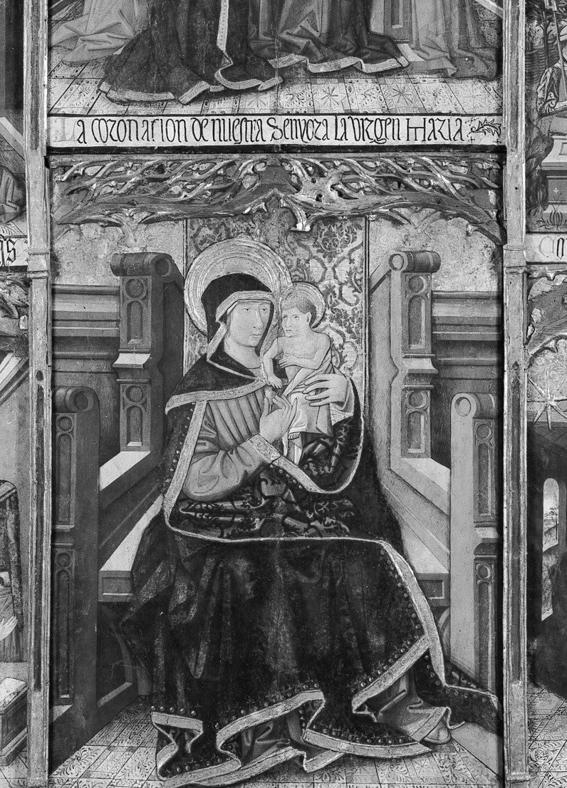 Devotional heart of the entire altarpiece; her downward gaze and book anchor all six surrounding narrative panels and invite the viewer into contemplative prayer