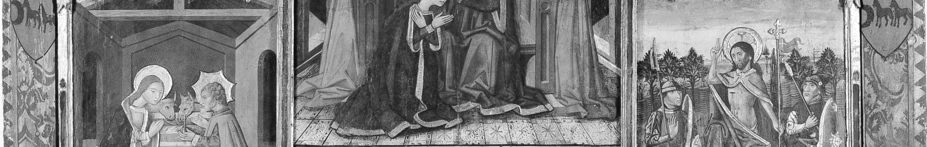These tituli identify the narrative scenes and may contain devotional formulas; reading them would confirm whether the program follows a specific liturgical sequence