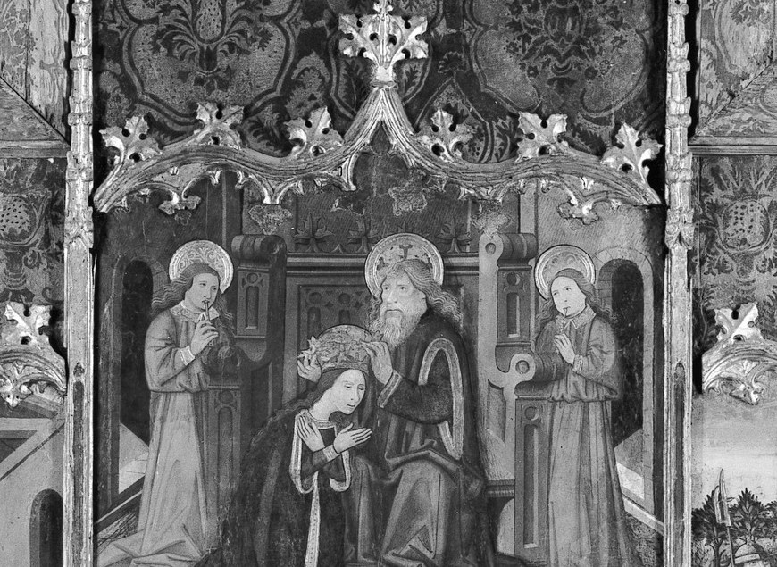 Likely the Presentation of the Virgin at the Temple or her Marriage; the most compositionally complex scene, with a Gothic architectural interior framing the gathered figures