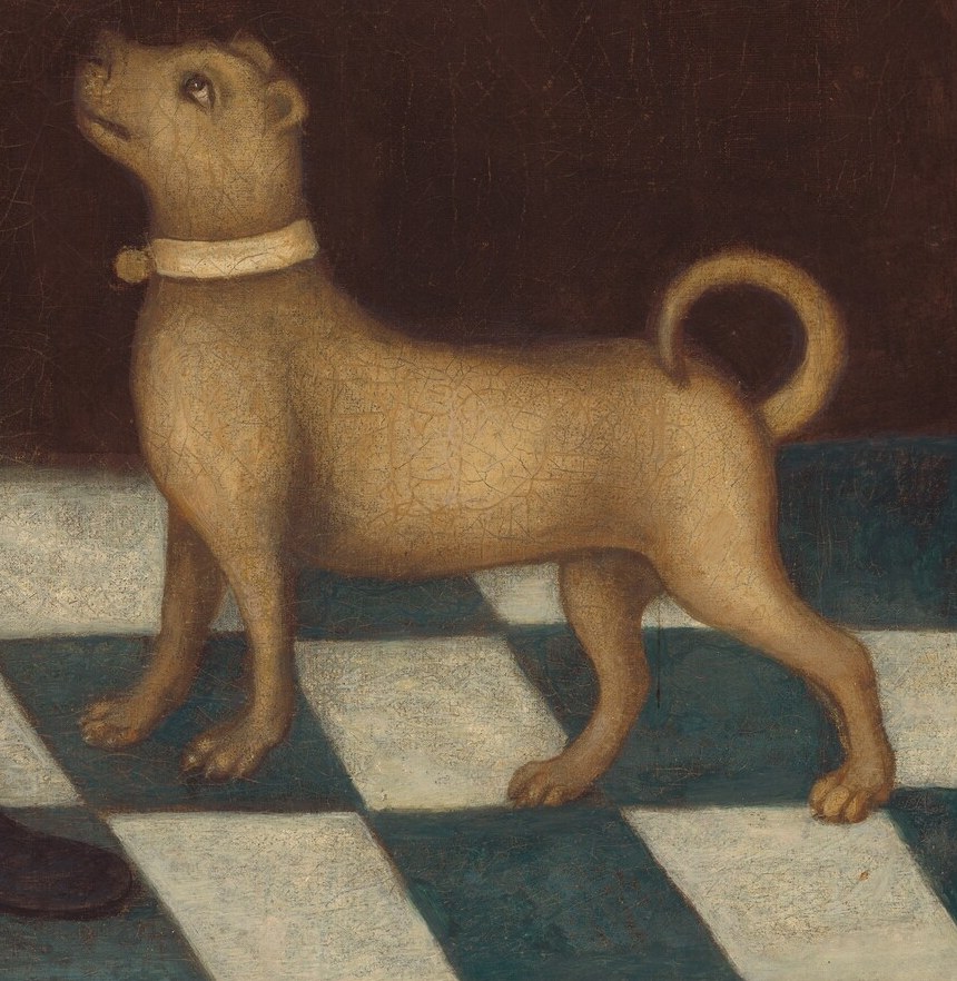 The little dog at his feet confirms his comfortable life.