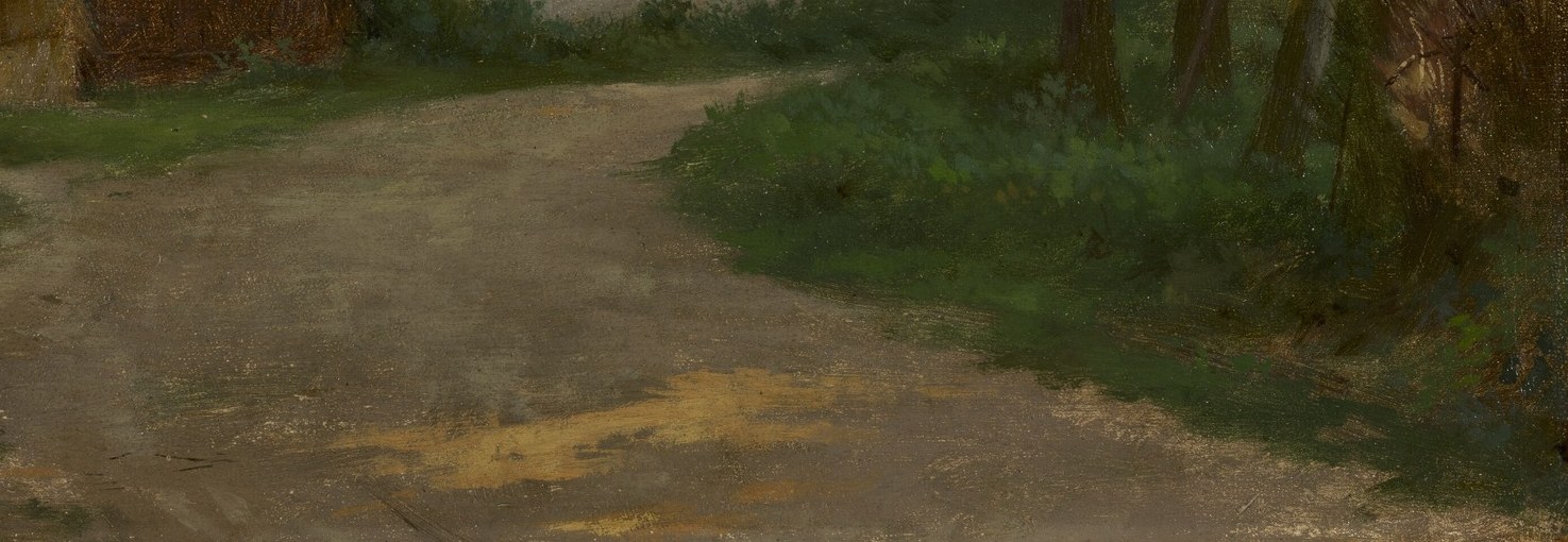 See how the brushstrokes make the dirt road feel rough underfoot.
