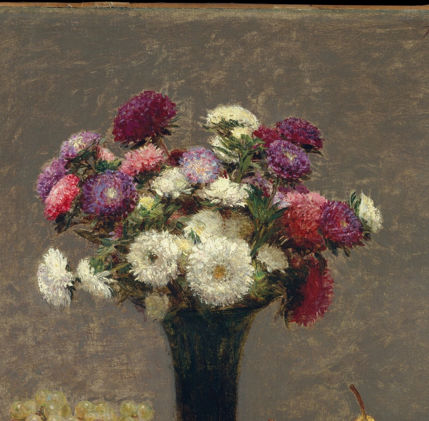 The radiating mass of asters is the compositional anchor; the variety of colors, deep magenta, pale white, lilac, shows Fantin-Latour's mastery of flower individuation within a crowd