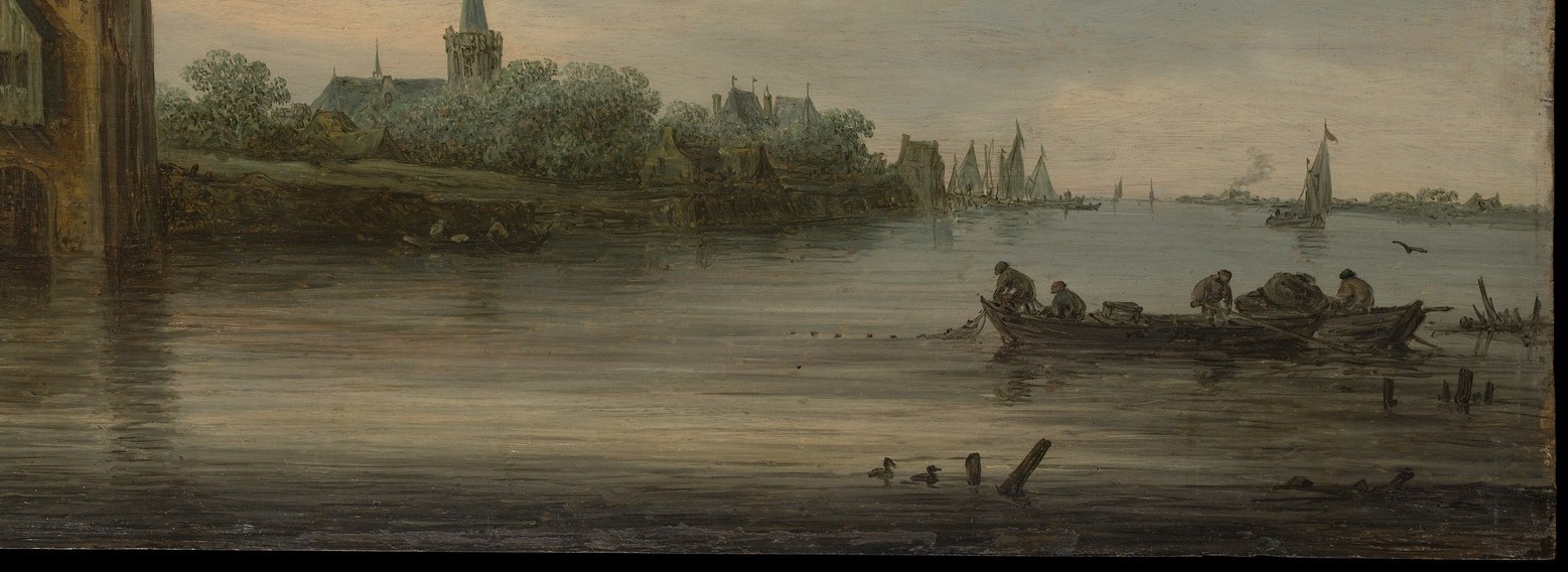 The water is nearly a mirror; the tonal unity between sky and river is the painting's central optical trick , land nearly disappears.