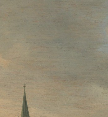 The steeple acts as a second vertical accent, confirming civic life beyond the gate , Utrecht's skyline reduced to a single needle.