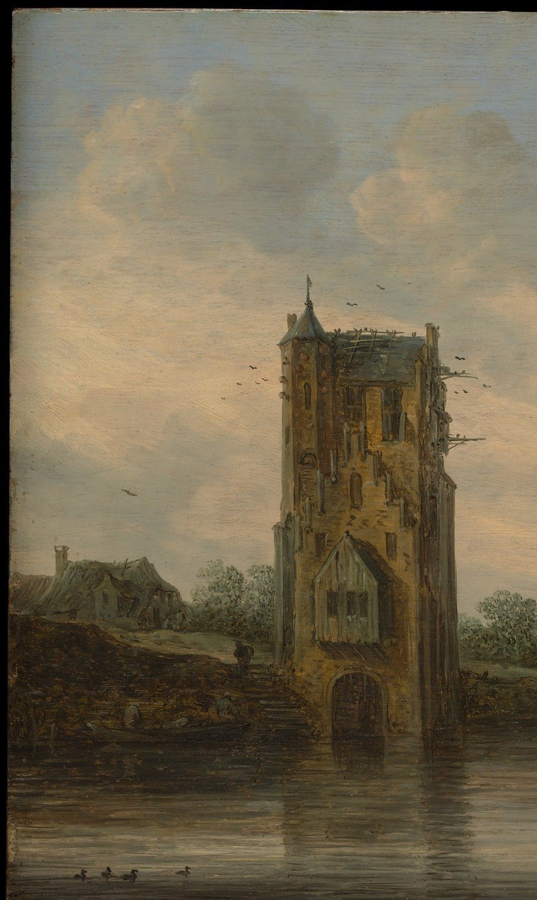 The painting's entire dramatic weight rests here; its bulk crowds the left edge, forcing the eye rightward into open sky , a classic van Goyen compositional gambit.
