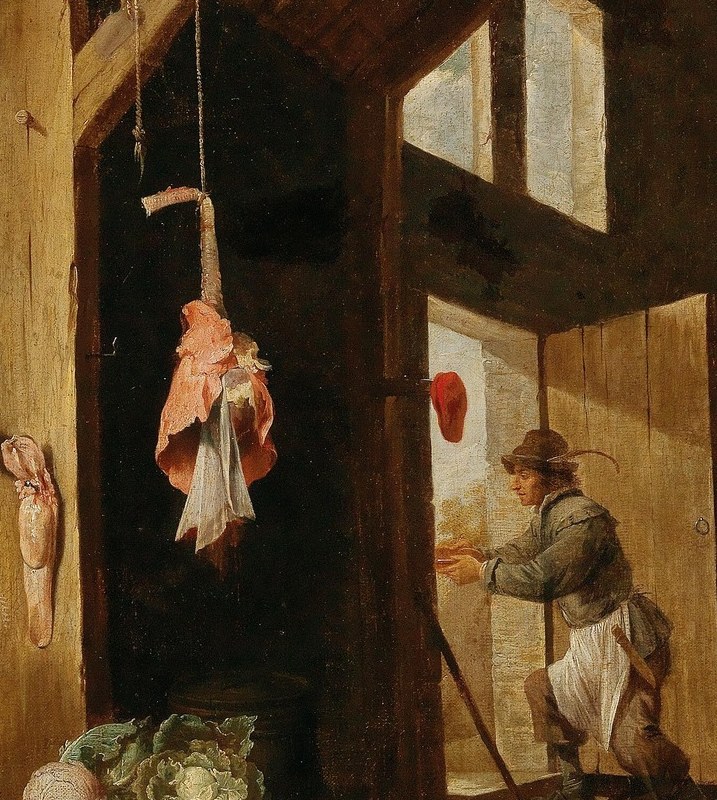 The primary light source; the artist uses it to create a luminous pocket in the darkness that silhouettes the background figure and draws the eye deep into the barn , classic Dutch chiaroscuro construction