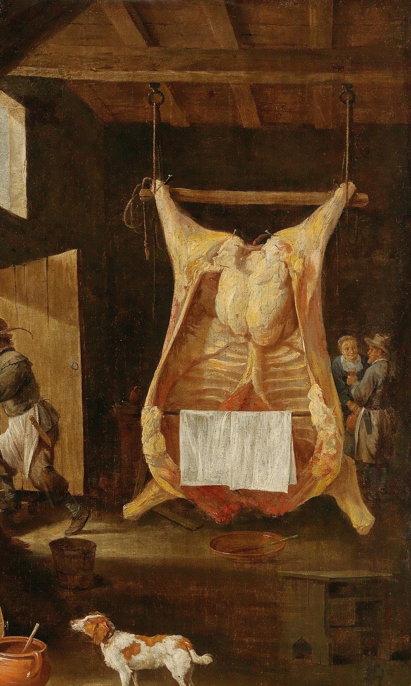 Dominates the right third of the canvas , a Baroque vanitas emblem rendered with tactile specificity; the exposed flesh and visceral scale contrast sharply with the maid's modest domesticity
