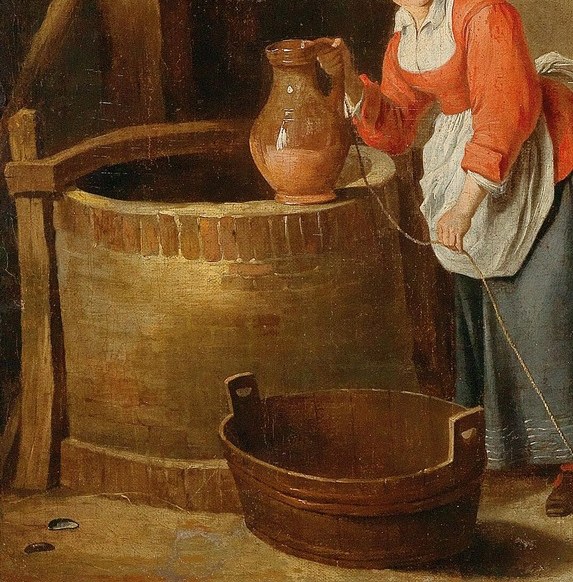 The functional object of the maid's chore; its banded construction and worn wood surface reward close viewing and ground the scene in material reality