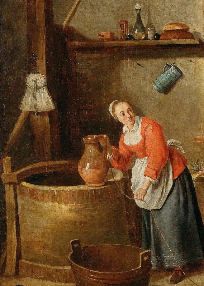 The painting's protagonist , her warm orange dress is the brightest color anchor in the composition, and her bent posture conveys the unglamorous repetition of daily labor