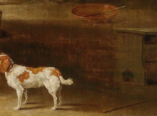 The dog waits patiently near the carcass , a comic and tender margin detail that adds life and reminds the viewer that animals inhabit both sides of the barn's economy