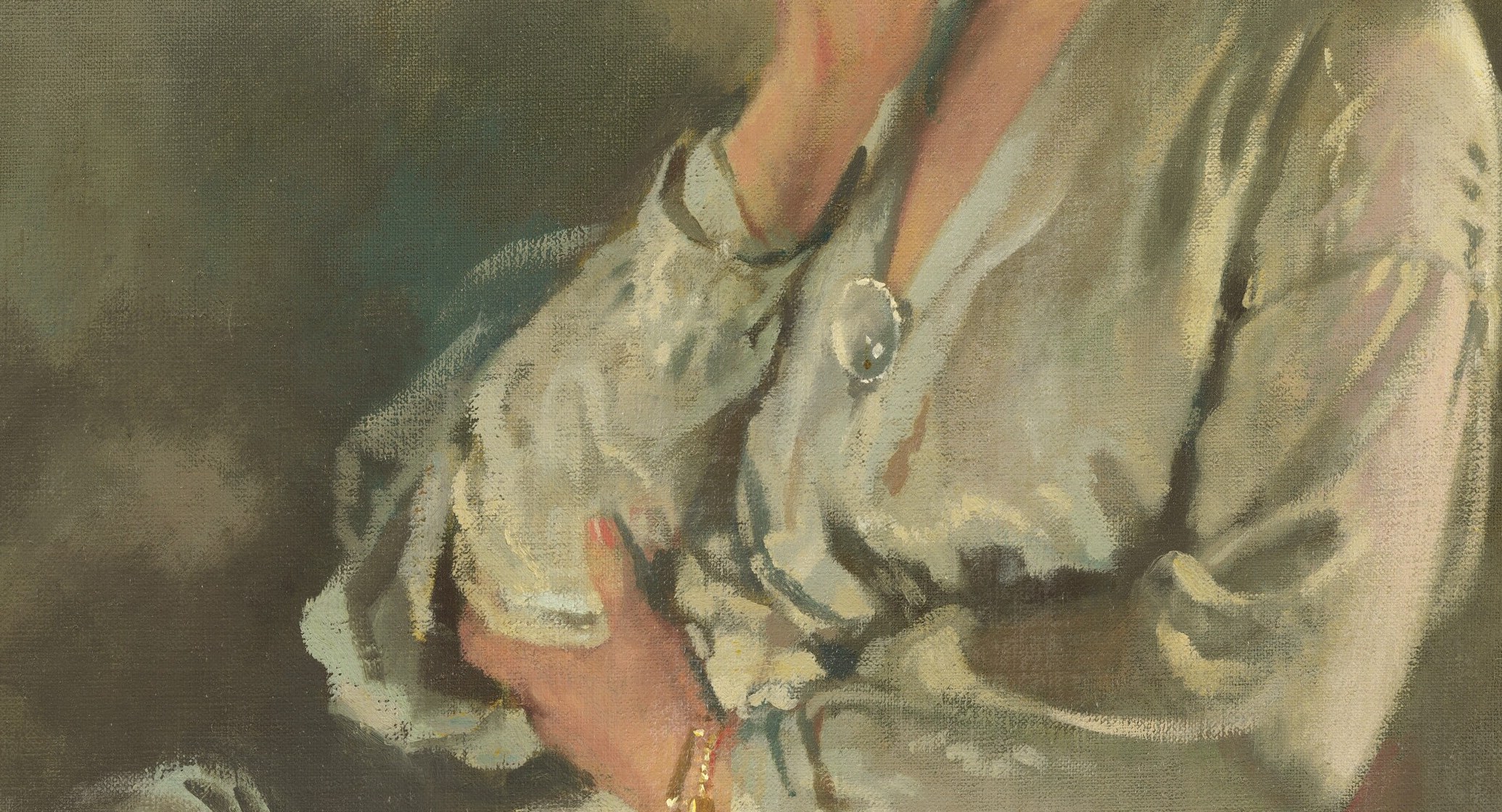 Her lace bodice is a painter's test piece.