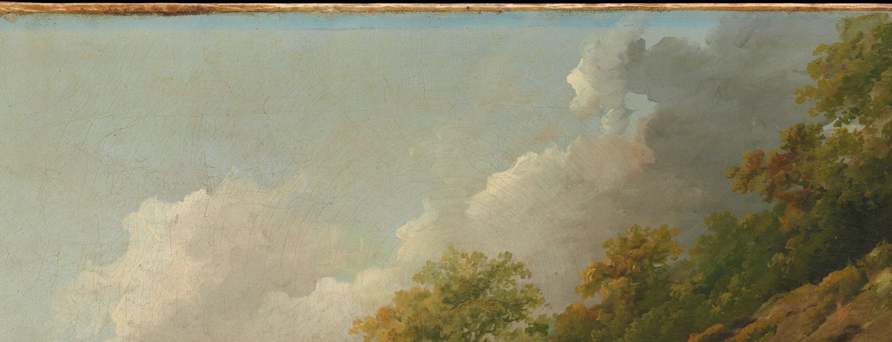 The sky is the painting's main light source and mood setter; the churning clouds suggest English overcast interrupted by sun , typical of Morland's atmospheric realism.