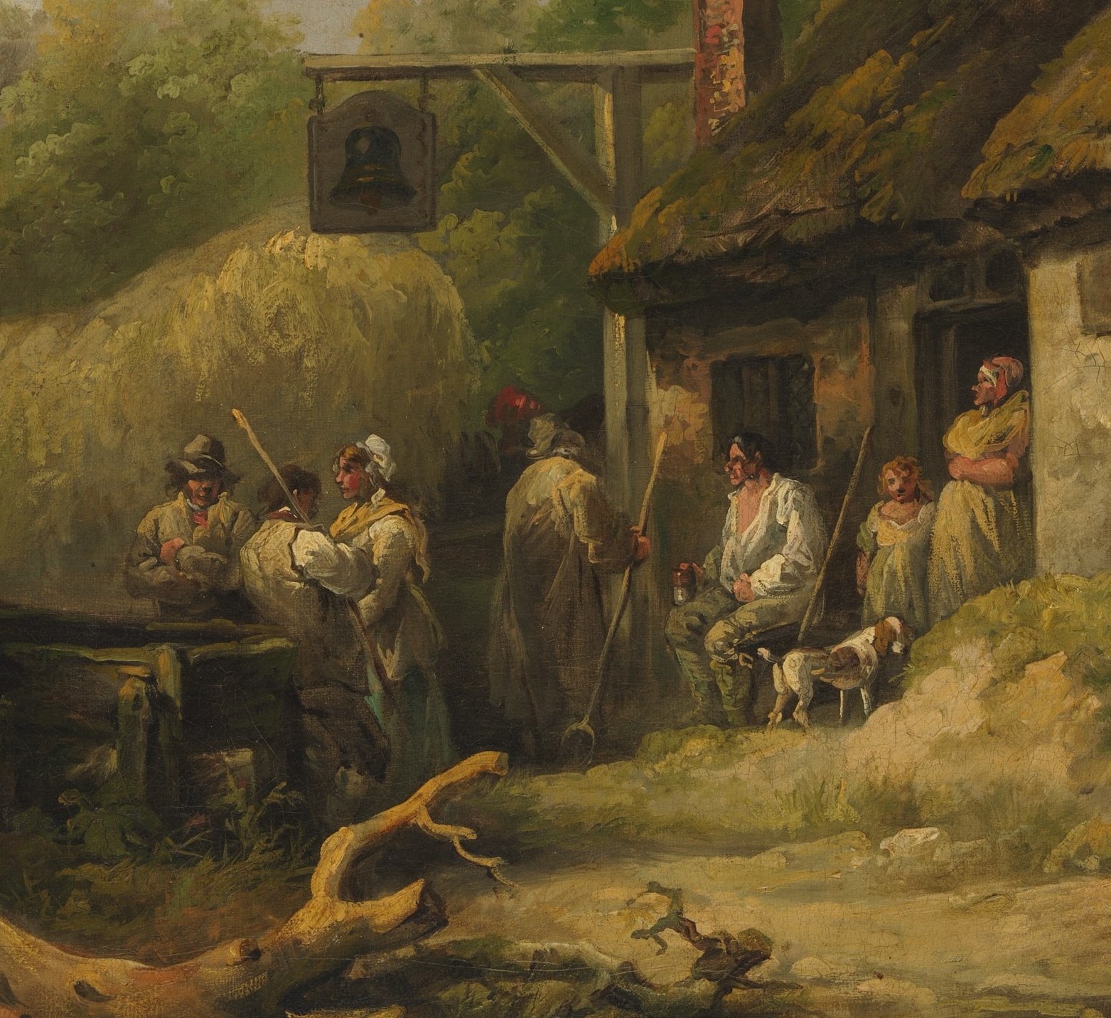 The human knot at the door embodies the social function of the inn , strangers pausing, horses being held, conversation implied , making this the scene's narrative heart.