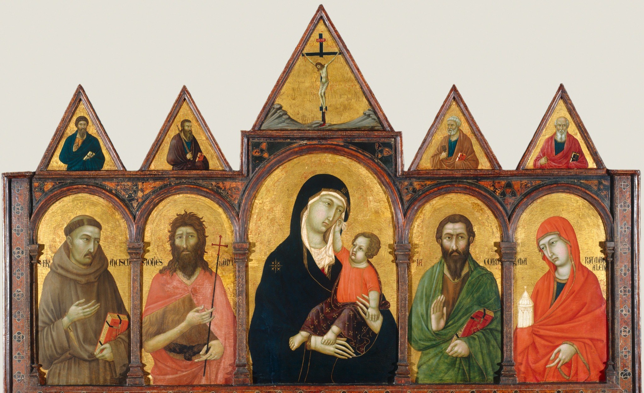 The unbroken gold field signals divine light rather than earthly space; its continuity across physically separate panels unifies five devotional portraits into one transcendent realm.