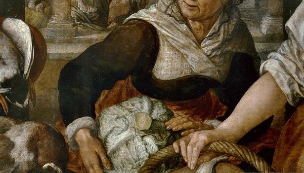 Her busy, attentive posture and direct gaze suggest the earthly concerns of service and hospitality.