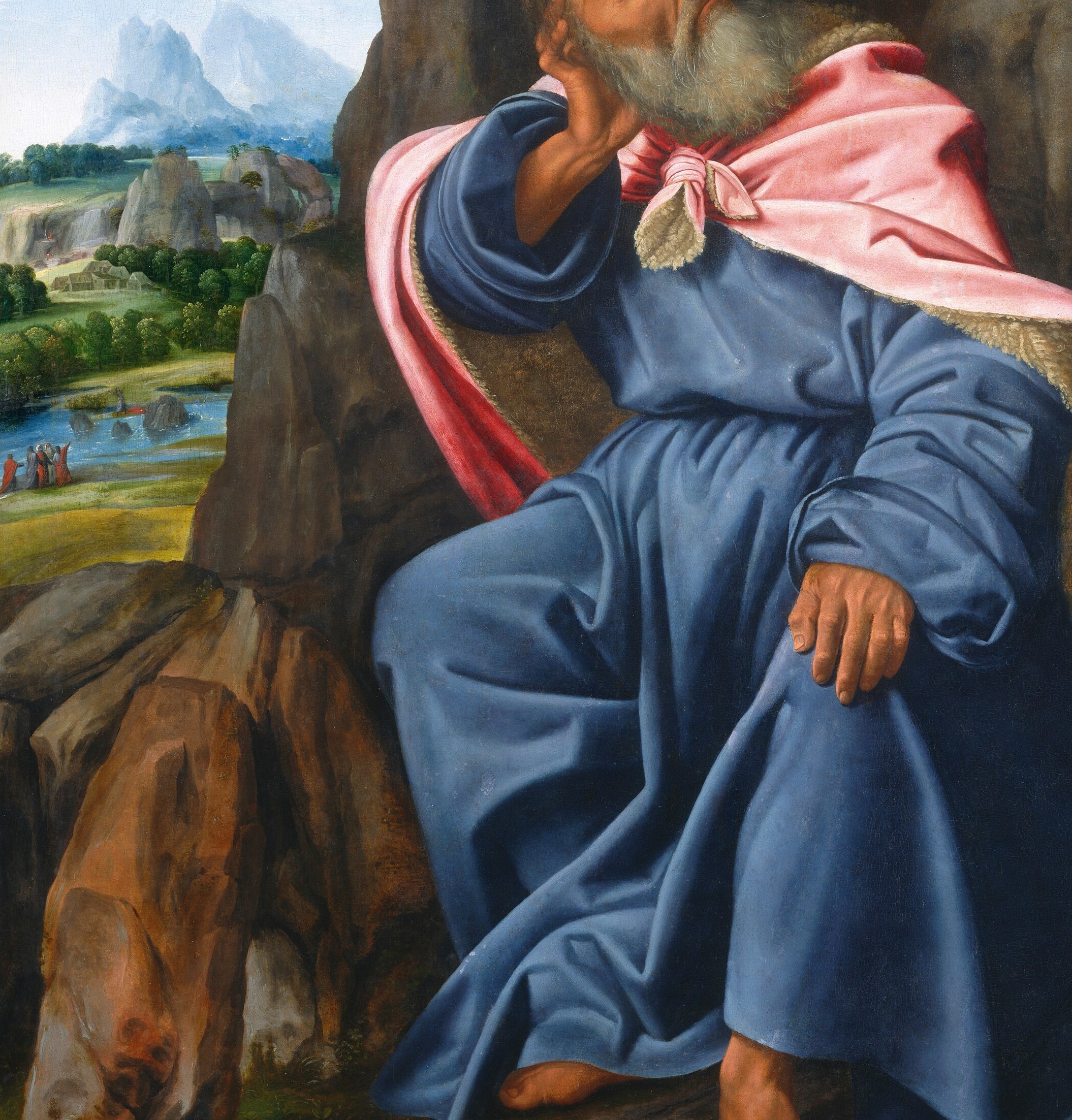 The blue of his robe is ultramarine, the costliest pigment of its day.