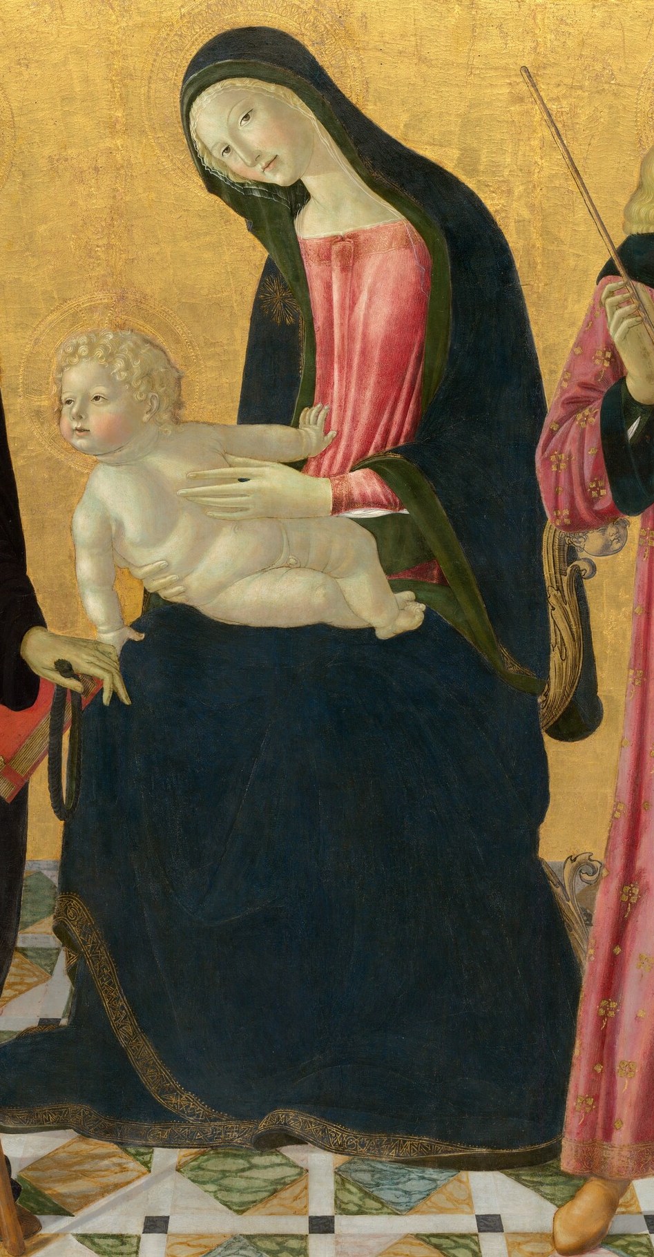 Ultramarine from lapis lazuli was the costliest pigment available; its broad use here signals both patron wealth and the theological primacy of the Virgin.