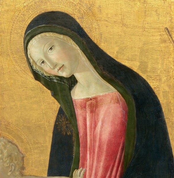 The subtle tilt and cast-down eyes convey maternal tenderness in the classic Sienese manner; a slow push-in reveals the almost archaic flatness of Neroccio's modeling.