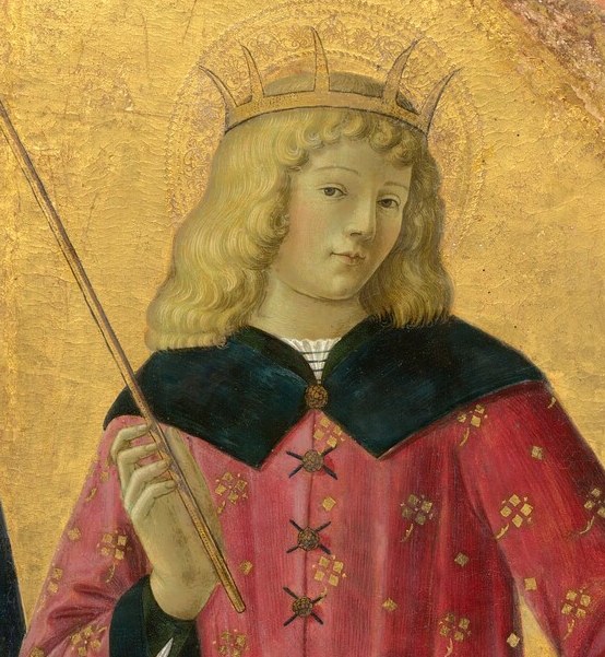 The youthful, slightly idealized face of a martyr-king pairs deliberately against the ancient hermit , Neroccio structures the panel around contrasting ages.