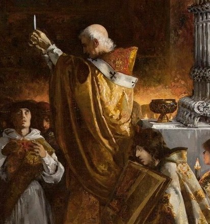 He holds a cross, not earthly power.