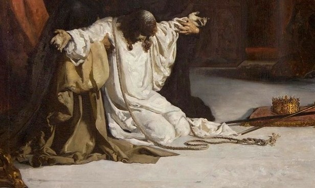 This figure's posture and attire suggest profound humility and perhaps illness or death.