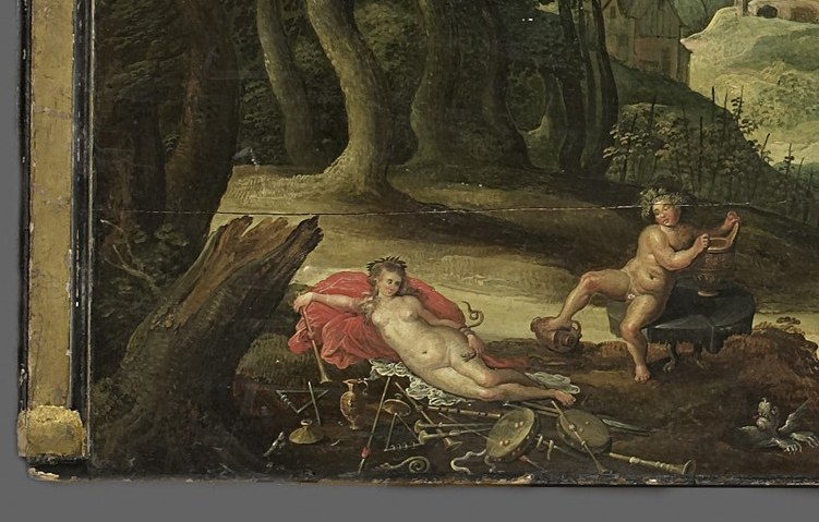 A woman lies dying in the foreground.