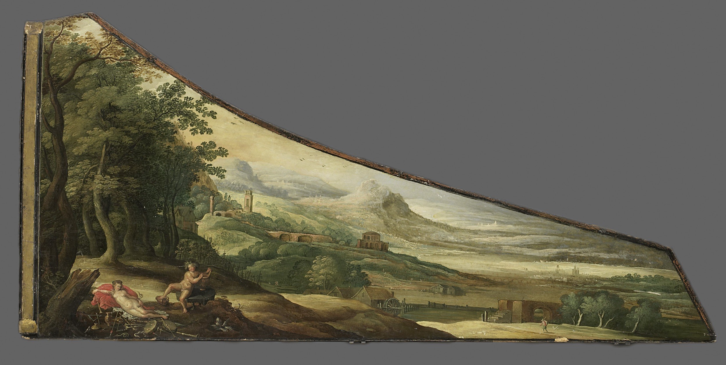 The painting is a spandrel , a triangular architectural fill , which forces the landscape to expand diagonally, an unusual compositional constraint visible in how the sky is cropped