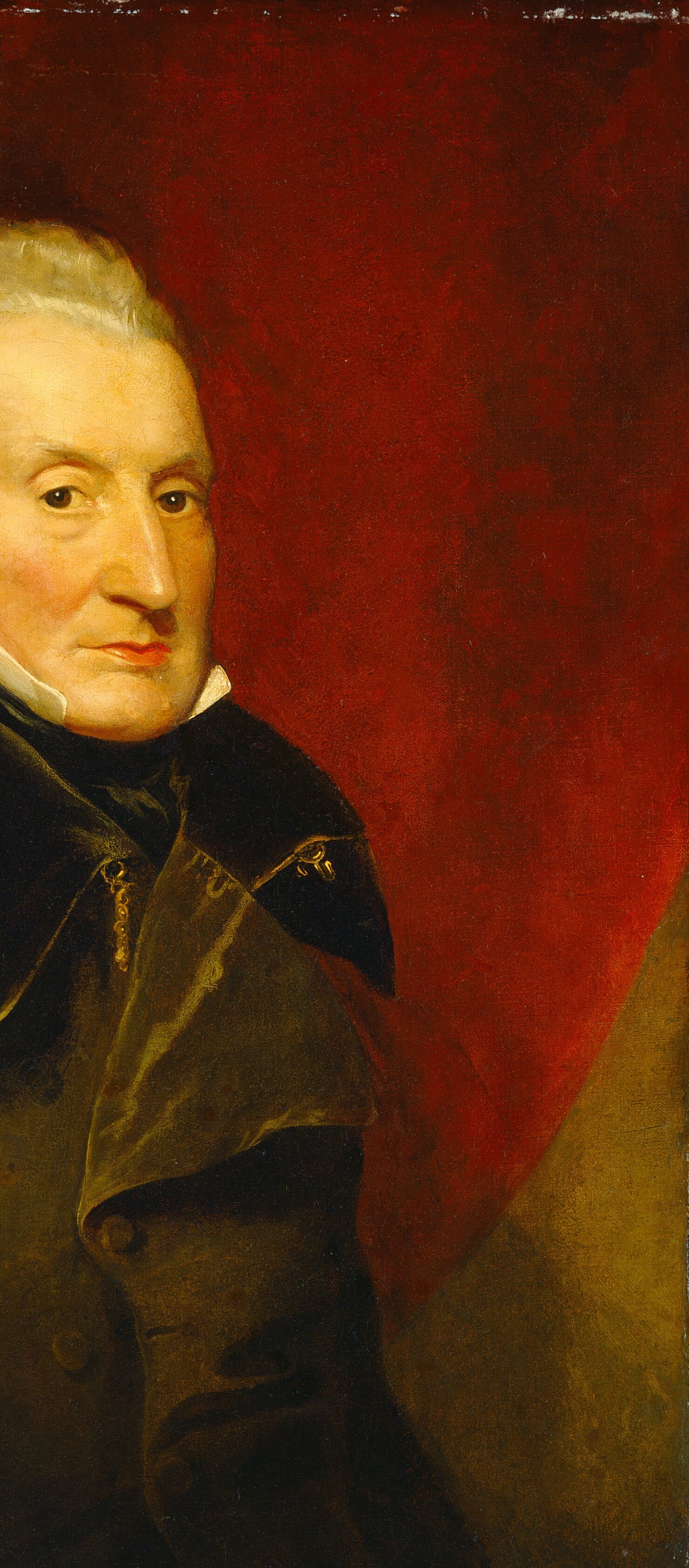 The red curtain is the painting's most visually dramatic passage , heavily folded silk or velvet rendered with warm highlights and deep crimson shadows. It's a borrowed convention from European portraiture to signal importance, deployed here with provincial directness.