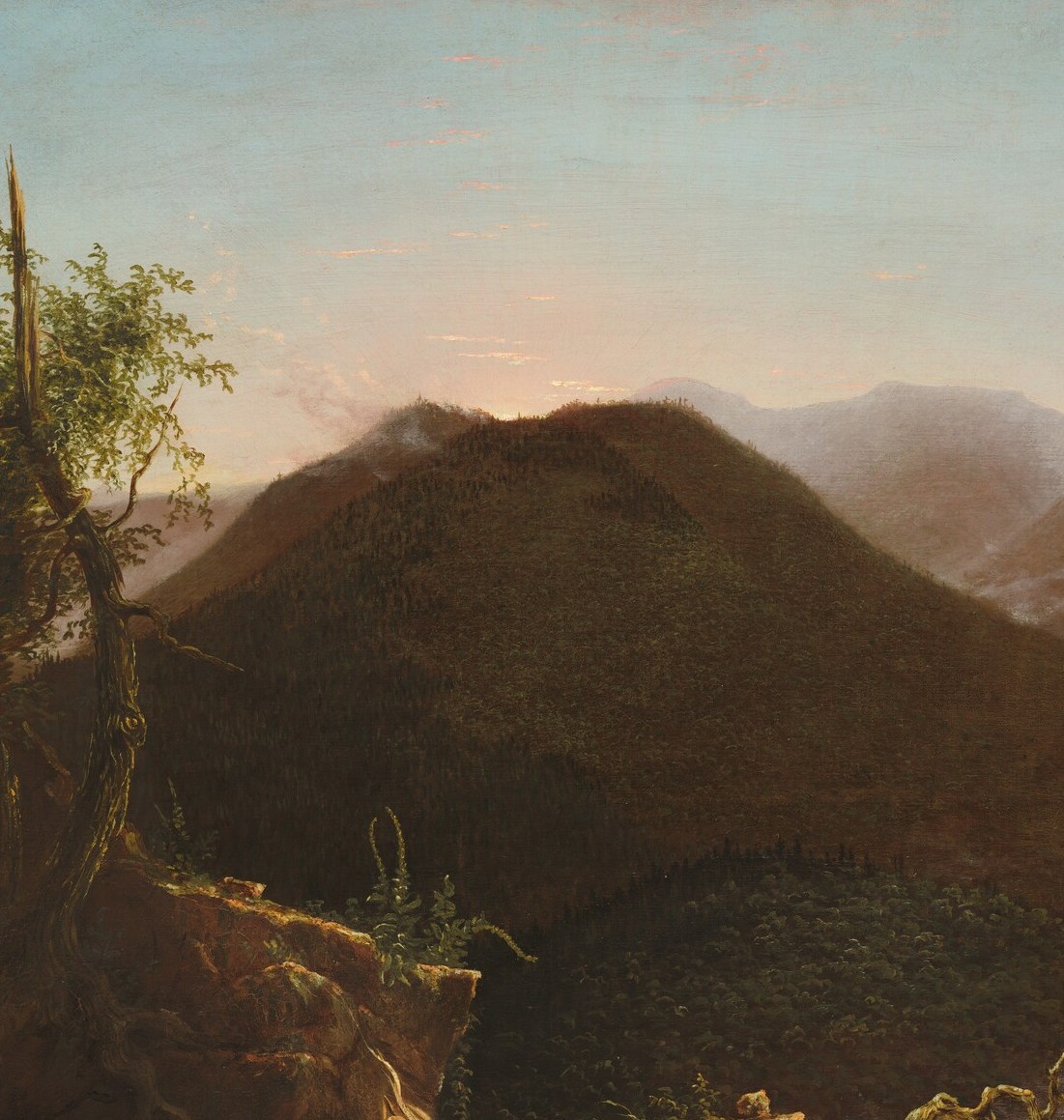 The dominant landform, almost black against the glowing sky , its sheer scale dwarfs any human presence and embodies Cole's concept of American wilderness as sublimely overpowering.