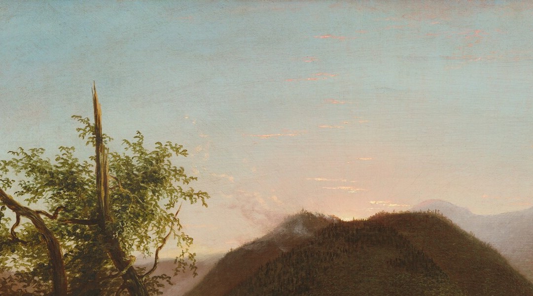 The titular event: warm orange-gold light halos the mountain ridge, the chromatic and emotional center of the composition, setting the key of 'hopeful dawn.'