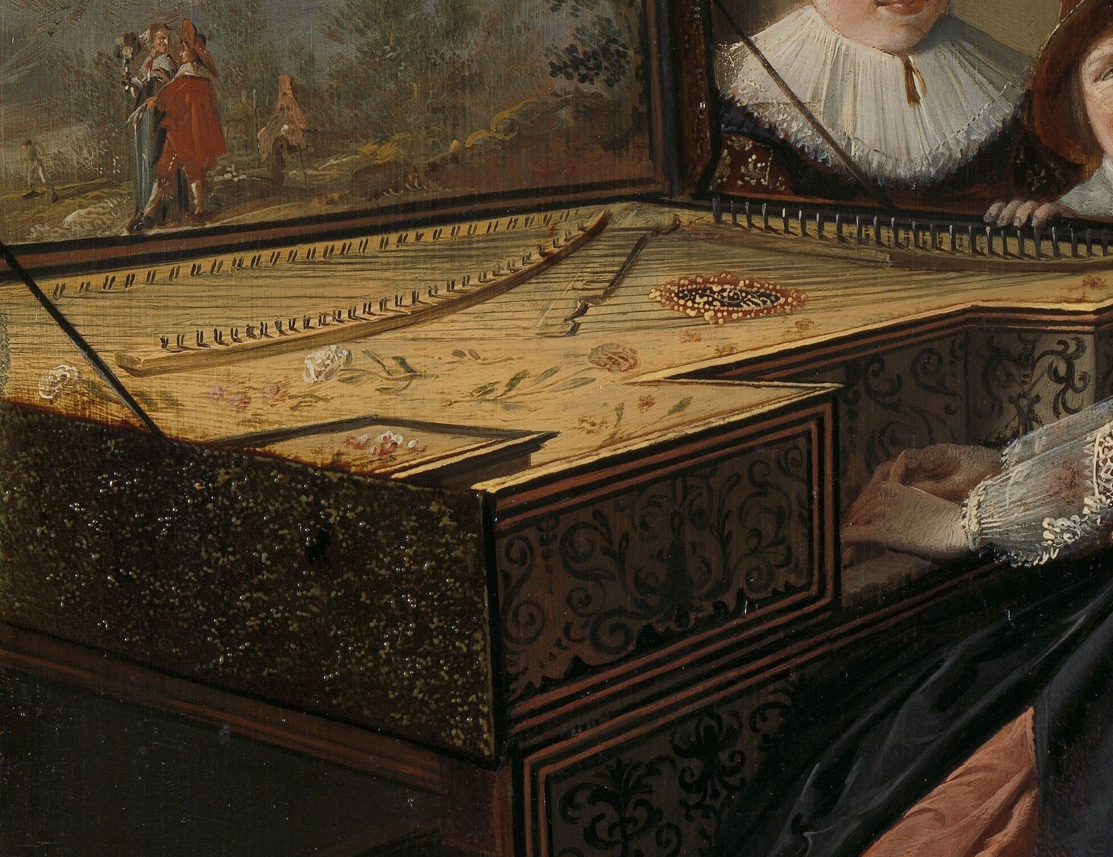 The intricate details and musical instruments suggest a cultured household and the importance of music.