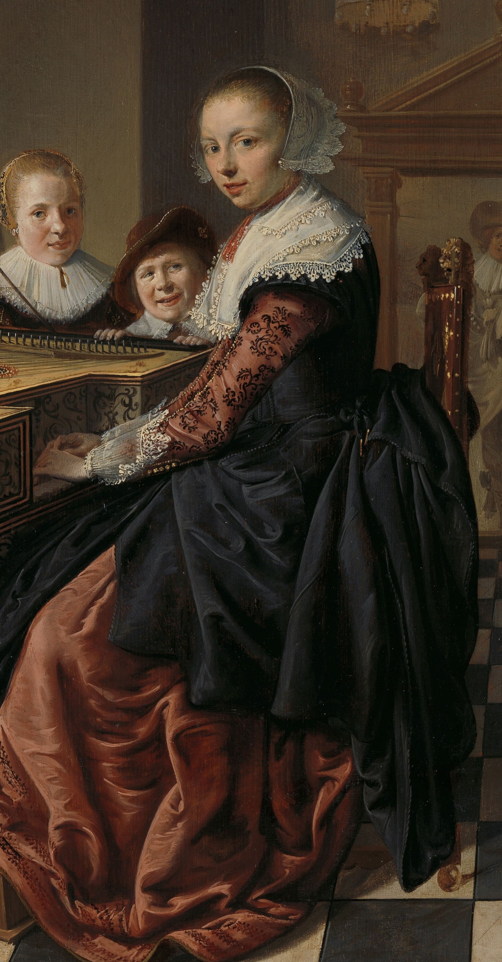 A woman plays the spinet, lost in her music.