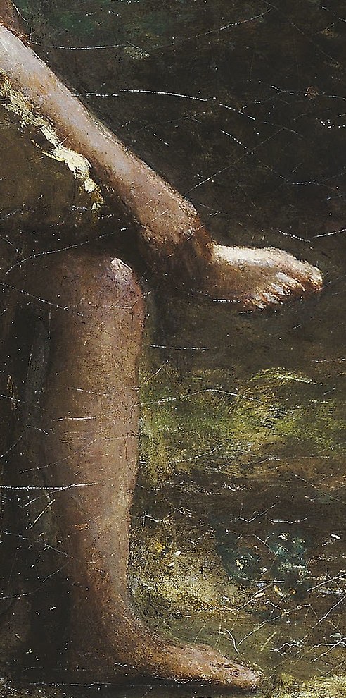 The rendering of her legs, particularly the contrast between the skin and the surrounding environment, adds to the naturalism and pathos of the scene.