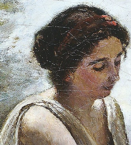 Her downcast gaze evokes themes of loss and vulnerability.